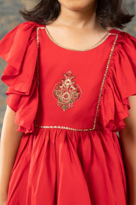 Shop Snuggleme Red Cotton Embroidery Crest Gown Online at Aza Fashions Shop_Snuggleme_Red Cotton Embroidery Crest Gown _Online_at_Aza_Fashions