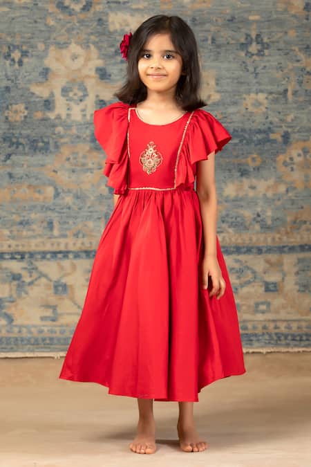 Snuggleme Red Cotton Embroidery Crest Gown at Aza Fashions Snuggleme_Red Cotton Embroidery Crest Gown _at_Aza_Fashions