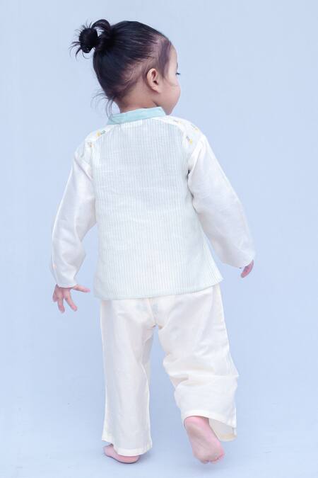 Shop_Snuggleme_Off White Chanderi And Sea Green Striped Short Kurta _at_Aza_Fashions