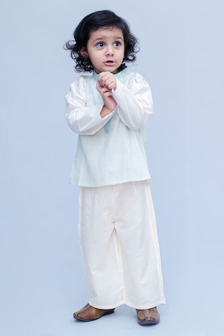 Snuggleme_Off White Chanderi And Sea Green Striped Short Kurta _Online_at_Aza_Fashions