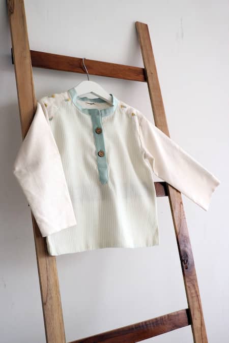 Buy_Snuggleme_Off White Chanderi And Sea Green Striped Short Kurta _Online_at_Aza_Fashions
