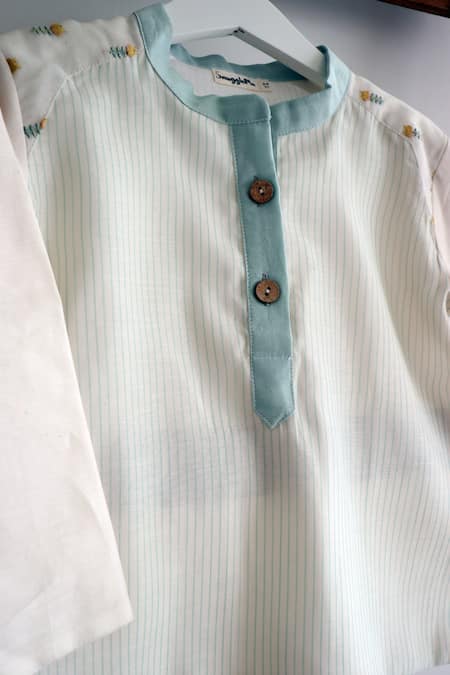 Shop_Snuggleme_Off White Chanderi And Sea Green Striped Short Kurta _Online_at_Aza_Fashions