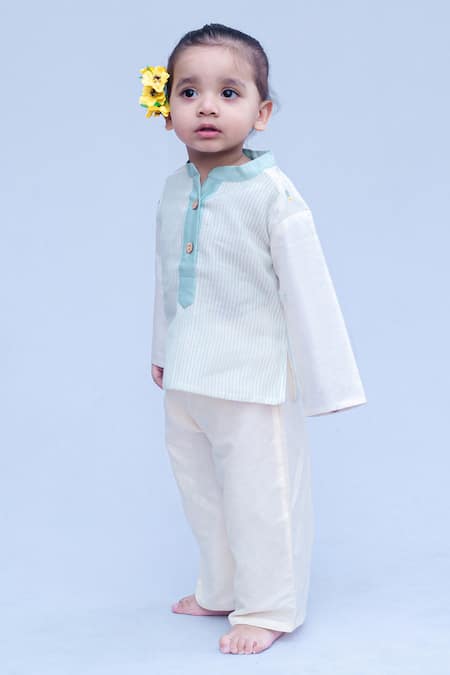 Snuggleme_Off White Chanderi And Sea Green Striped Short Kurta _at_Aza_Fashions