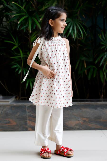 Shop_Snuggleme_White Chanderi, Cotton Embroidery Floral Thread Kurta And Palazzo Set _Online_at_Aza_Fashions