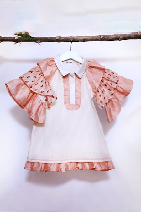 Buy_Snuggleme_Off White Chanderi Embroidery Layered Frilled Sleeve Dress _Online_at_Aza_Fashions