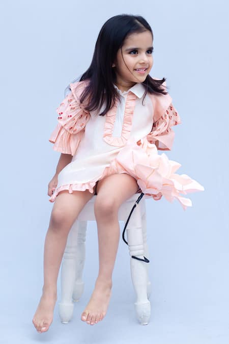 Buy_Snuggleme_Off White Chanderi Embroidery Layered Frilled Sleeve Dress 