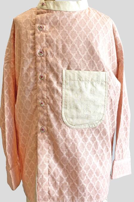 Snuggleme_Peach Cotton Geometric Pattern Kurta And Pant Set _Online_at_Aza_Fashions