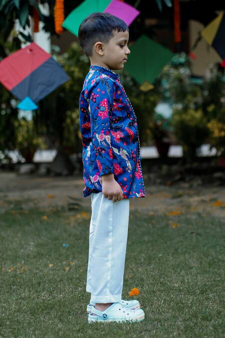 Snuggleme_Blue Satin, Silk, Cotton Embroidery Floral Sherwani And Pant Set _Online_at_Aza_Fashions