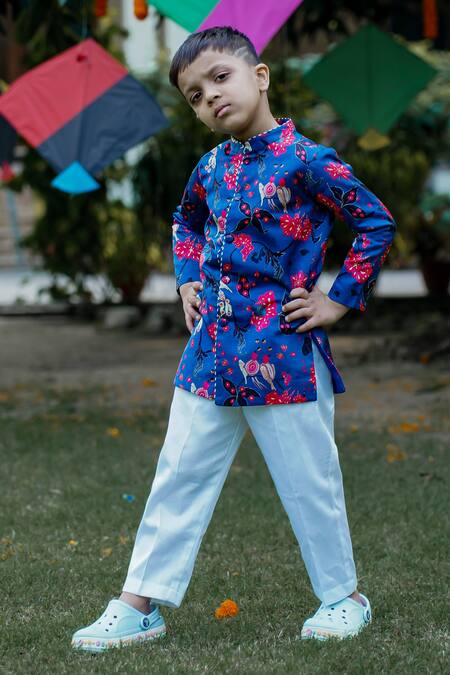 Buy_Snuggleme_Blue Satin, Silk, Cotton Embroidery Floral Sherwani And Pant Set _Online_at_Aza_Fashions