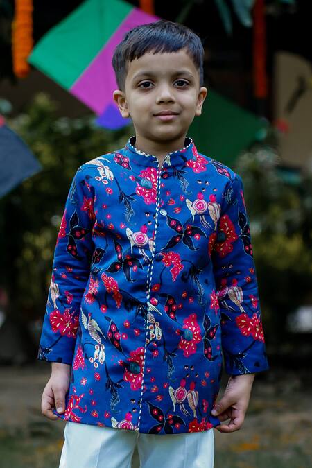 Shop_Snuggleme_Blue Satin, Silk, Cotton Embroidery Floral Sherwani And Pant Set _Online_at_Aza_Fashions