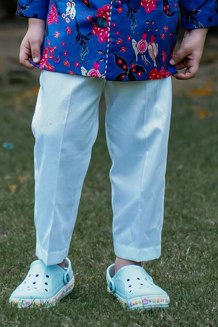 Snuggleme_Blue Satin, Silk, Cotton Embroidery Floral Sherwani And Pant Set _at_Aza_Fashions