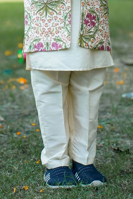 Snuggleme_Cream Chanderi, Cotton Embroidery Floral Print Jacket Kurta Set _Online_at_Aza_Fashions