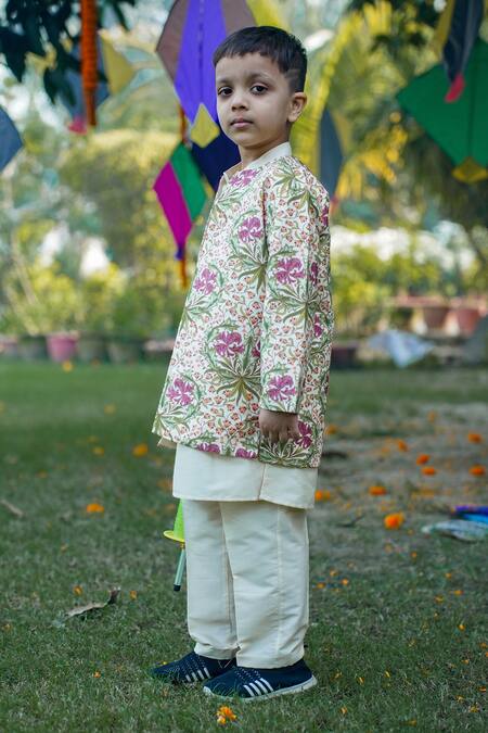 Shop_Snuggleme_Cream Chanderi, Cotton Embroidery Floral Print Jacket Kurta Set _Online_at_Aza_Fashions