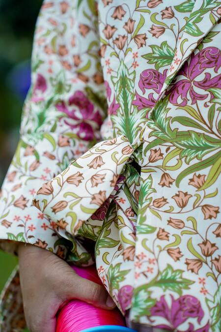 Snuggleme_Cream Chanderi, Cotton Embroidery Floral Print Jacket Kurta Set _at_Aza_Fashions