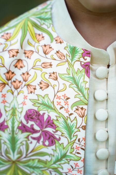 Buy_Snuggleme_Cream Chanderi, Cotton Embroidery Floral Print Jacket Kurta Set 