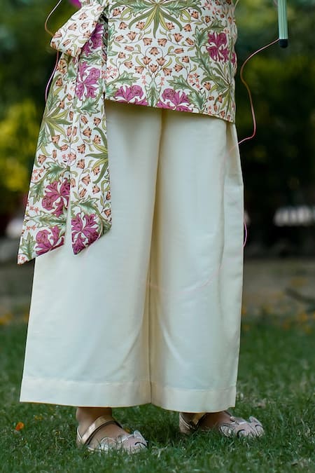 Buy_Snuggleme_Cream Chanderi, Cotton, Polyester Embroidery Floral Print Jacket Palazzo Set _Online_at_Aza_Fashions