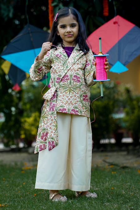 Shop_Snuggleme_Cream Chanderi, Cotton, Polyester Embroidery Floral Print Jacket Palazzo Set _Online_at_Aza_Fashions