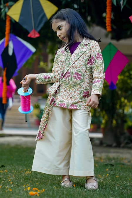 Buy_Snuggleme_Cream Chanderi, Cotton, Polyester Embroidery Floral Print Jacket Palazzo Set 