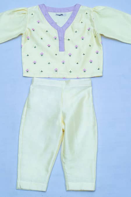 Snuggleme_Yellow Chanderi Embroidery Floral Thread Crop Top And Pant Set _Online_at_Aza_Fashions