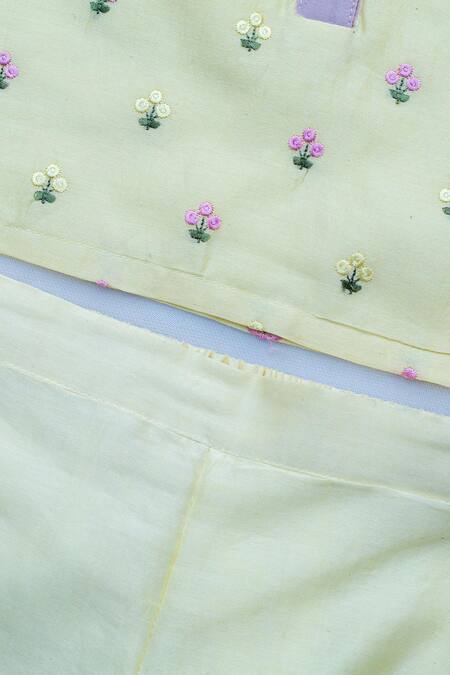 Buy_Snuggleme_Yellow Chanderi Embroidery Floral Thread Crop Top And Pant Set _Online_at_Aza_Fashions