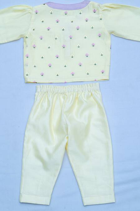 Buy_Snuggleme_Yellow Chanderi Embroidery Floral Thread Crop Top And Pant Set 