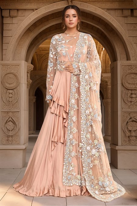 Kalighata Ginger Floral Sequin Embroidered Sheer Gown With Dupatta 