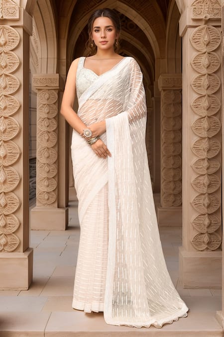 Kalighata Sequin Stripe Embroidered Saree With Blouse 