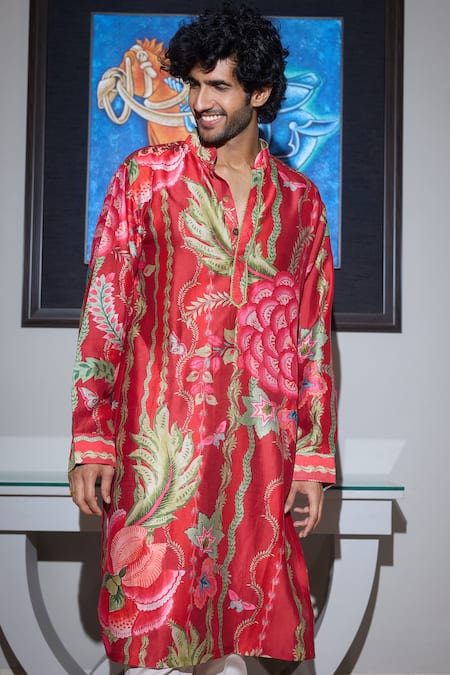 Shop Mahima Mahajan Red Cotton Embroidery Floral Print Kurta Set at Aza Fashions Shop_Mahima Mahajan_Red Cotton Embroidery Floral Print Kurta Set _at_Aza_Fashions