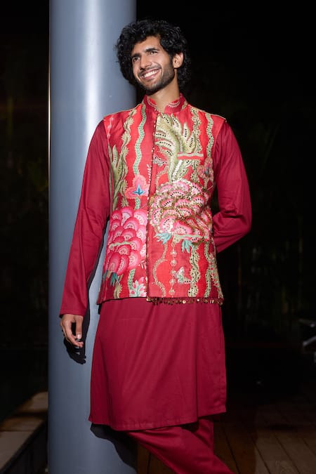 Mahima Mahajan Sindoori Red Floral Print Nehru Jacket 