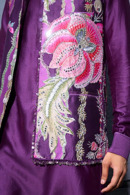 Mahima Mahajan_Purple Chanderi, Cotton Mirrors, Sequins, Floral Vine Print Nehru Jacket _Online_at_Aza_Fashions