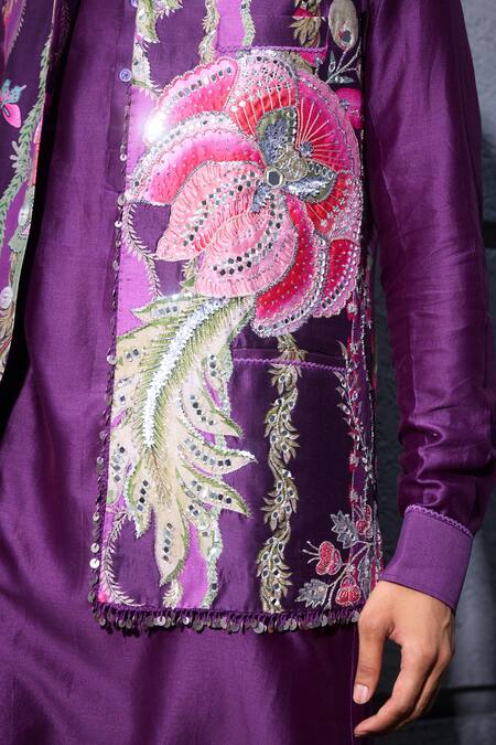 Shop_Mahima Mahajan_Purple Chanderi, Cotton Sequins, Mirrors Floral Vine Print Bundi And Kurta Set _Online_at_Aza_Fashions