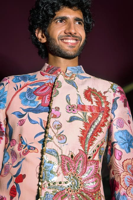 Buy_Mahima Mahajan_Beige Chanderi, Cotton Sequins, Zari Flower Print Bandhgala Set _Online_at_Aza_Fashions