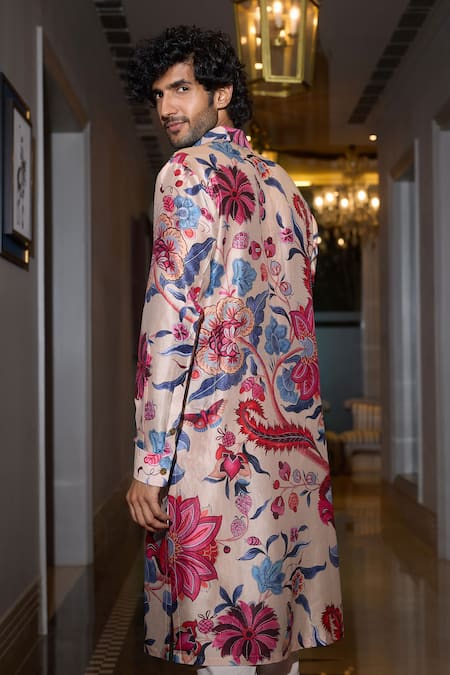 Shop Mahima Mahajan Beige Chanderi, Cotton Sequins, Embroidery Sand Kurta Set With Botanical Print at Aza Fashions Shop_Mahima Mahajan_Beige Chanderi, Cotton Sequins, Embroidery Sand Kurta Set With Botanical Print _at_Aza_Fashions