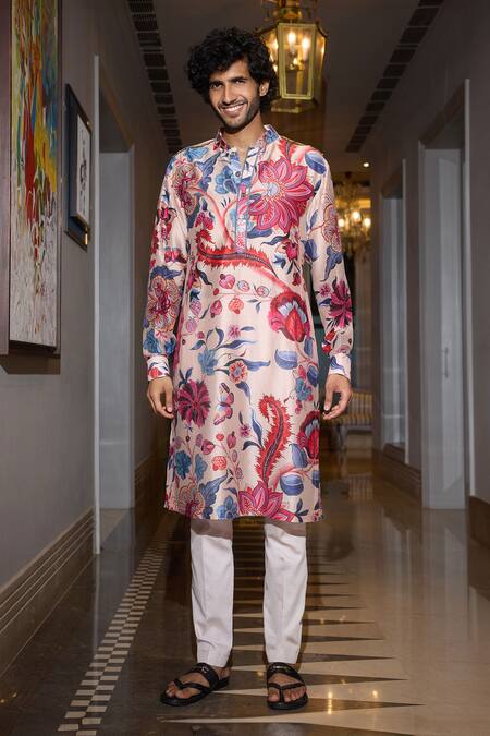 Buy Mahima Mahajan Beige Chanderi, Cotton Sequins, Embroidery Sand Kurta Set With Botanical Print Online at Aza Fashions Buy_Mahima Mahajan_Beige Chanderi, Cotton Sequins, Embroidery Sand Kurta Set With Botanical Print _Online_at_Aza_Fashions