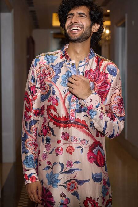 Shop Mahima Mahajan Beige Chanderi, Cotton Sequins, Embroidery Sand Kurta Set With Botanical Print Online at Aza Fashions Shop_Mahima Mahajan_Beige Chanderi, Cotton Sequins, Embroidery Sand Kurta Set With Botanical Print _Online_at_Aza_Fashions