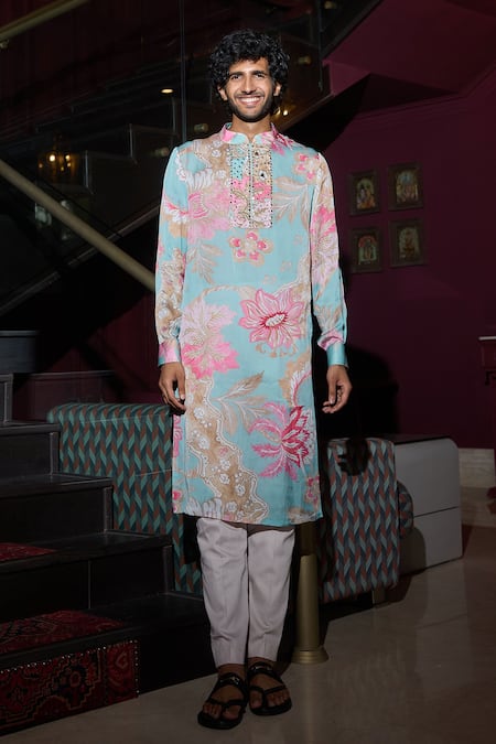 Mahima Mahajan_Aqua Satin, Cotton Sequins, Mirrors Aquamarine Garden Print Kurta Set _Online_at_Aza_Fashions