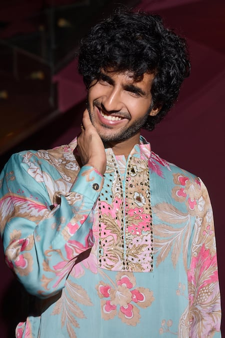 Buy_Mahima Mahajan_Aqua Satin, Cotton Sequins, Mirrors Aquamarine Garden Print Kurta Set _Online_at_Aza_Fashions