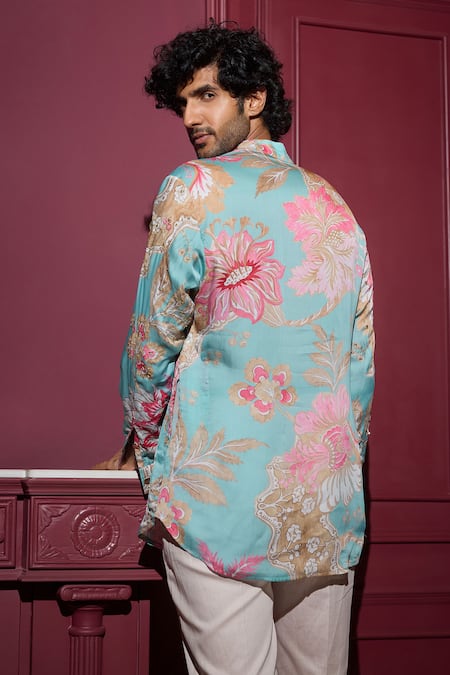 Shop Mahima Mahajan Blue Satin, Cotton Mirrors, Sequins Aquamarine Flower Print Kurta Set at Aza Fashions Shop_Mahima Mahajan_Blue Satin, Cotton Mirrors, Sequins Aquamarine Flower Print Kurta Set _at_Aza_Fashions