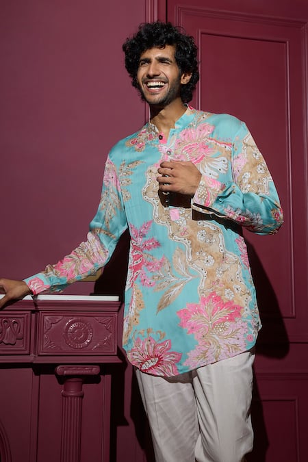 Mahima Mahajan Blue Satin, Cotton Mirrors, Sequins Aquamarine Flower Print Kurta Set Online at Aza Fashions Mahima Mahajan_Blue Satin, Cotton Mirrors, Sequins Aquamarine Flower Print Kurta Set _Online_at_Aza_Fashions