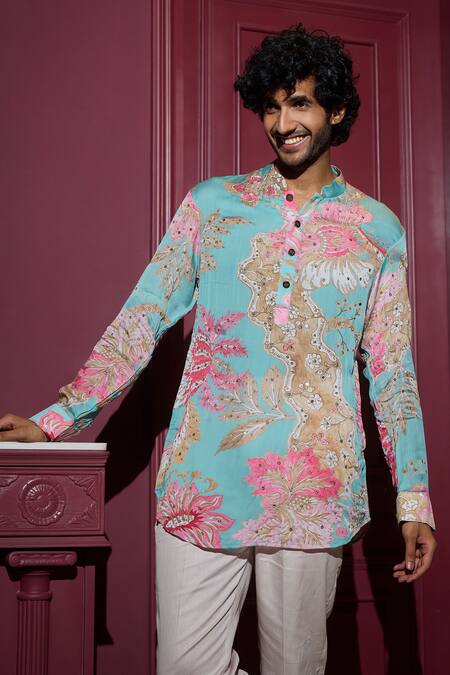 Buy Mahima Mahajan Blue Satin, Cotton Mirrors, Sequins Aquamarine Flower Print Kurta Set Online at Aza Fashions Buy_Mahima Mahajan_Blue Satin, Cotton Mirrors, Sequins Aquamarine Flower Print Kurta Set _Online_at_Aza_Fashions