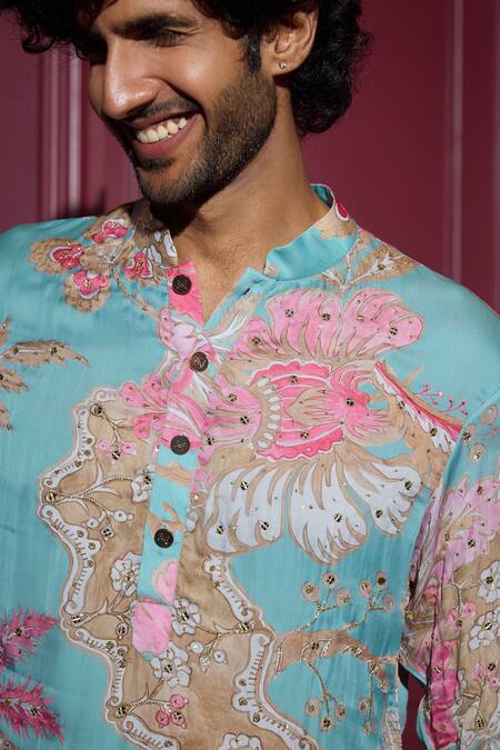 Shop Mahima Mahajan Blue Satin, Cotton Mirrors, Sequins Aquamarine Flower Print Kurta Set Online at Aza Fashions Shop_Mahima Mahajan_Blue Satin, Cotton Mirrors, Sequins Aquamarine Flower Print Kurta Set _Online_at_Aza_Fashions