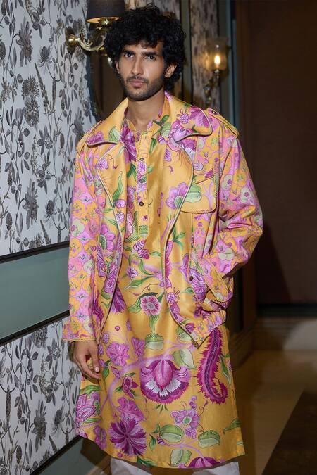 Buy_Mahima Mahajan_Yellow Chanderi, Cotton Embroidery Kesar Flower Print Bomber Jacket And Kurta Set _Online_at_Aza_Fashions