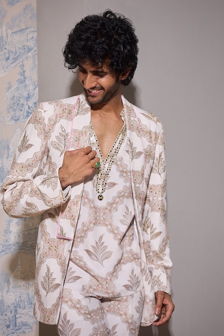 Buy_Mahima Mahajan_Pink Satin, Cotton Sequins, Embroidery, Zari, Mirrors Floral Blazer Kurta Set _Online_at_Aza_Fashions