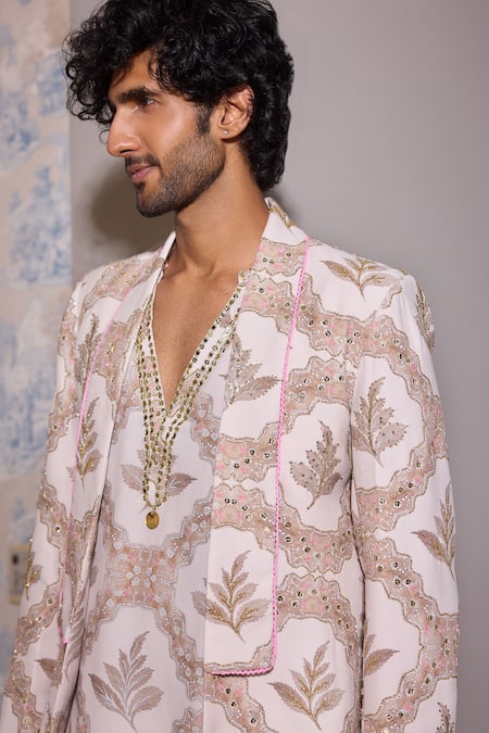 Shop_Mahima Mahajan_Pink Satin, Cotton Sequins, Embroidery, Zari, Mirrors Floral Blazer Kurta Set _Online_at_Aza_Fashions