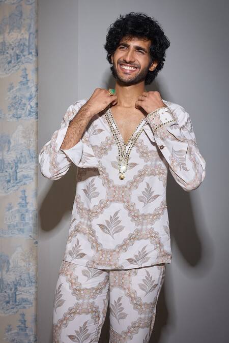 Shop_Mahima Mahajan_Pink Chanderi, Cotton Sequins, Mirrors, Zari Rose Leaf Print Kurta And Pant Set _Online_at_Aza_Fashions