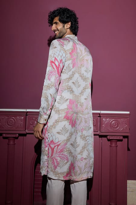 Shop_Mahima Mahajan_Pink Cotton Sequins, Zari Botanical Printed Kurta Set _at_Aza_Fashions