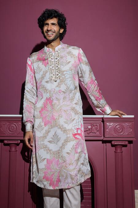 Buy_Mahima Mahajan_Pink Cotton Sequins, Zari Botanical Printed Kurta Set _Online_at_Aza_Fashions