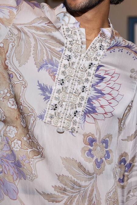 Mahima Mahajan_Blue Cotton Beads, Zari Ocean Flower Print Kurta Set _Online_at_Aza_Fashions