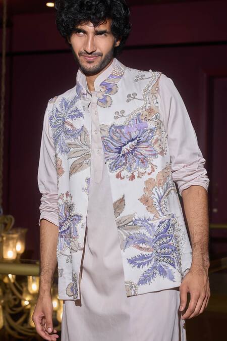 Buy_Mahima Mahajan_Blue Chanderi, Cotton Sequins, Beads, Mirrors Flower Print Bundi And Kurta Set _Online_at_Aza_Fashions