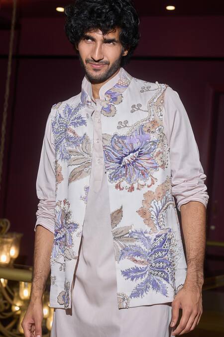 Mahima Mahajan_Blue Chanderi, Cotton Mirrors, Sequins, Ocean Thread Embroidered Nehru Jacket _Online_at_Aza_Fashions